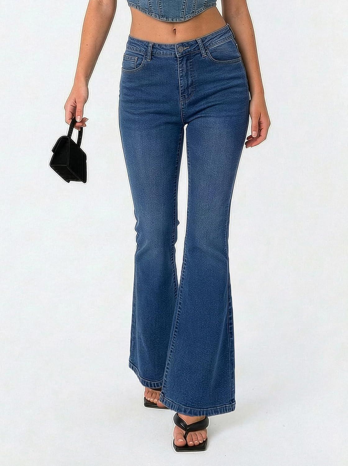 image:imageEMMIOL Flare Jeans for Women Trendy MidHigh Waist Bootcut Bell Bottom Jeans Stretchy Denim Y2K Pants with PocketsBdark Bluemid Rise