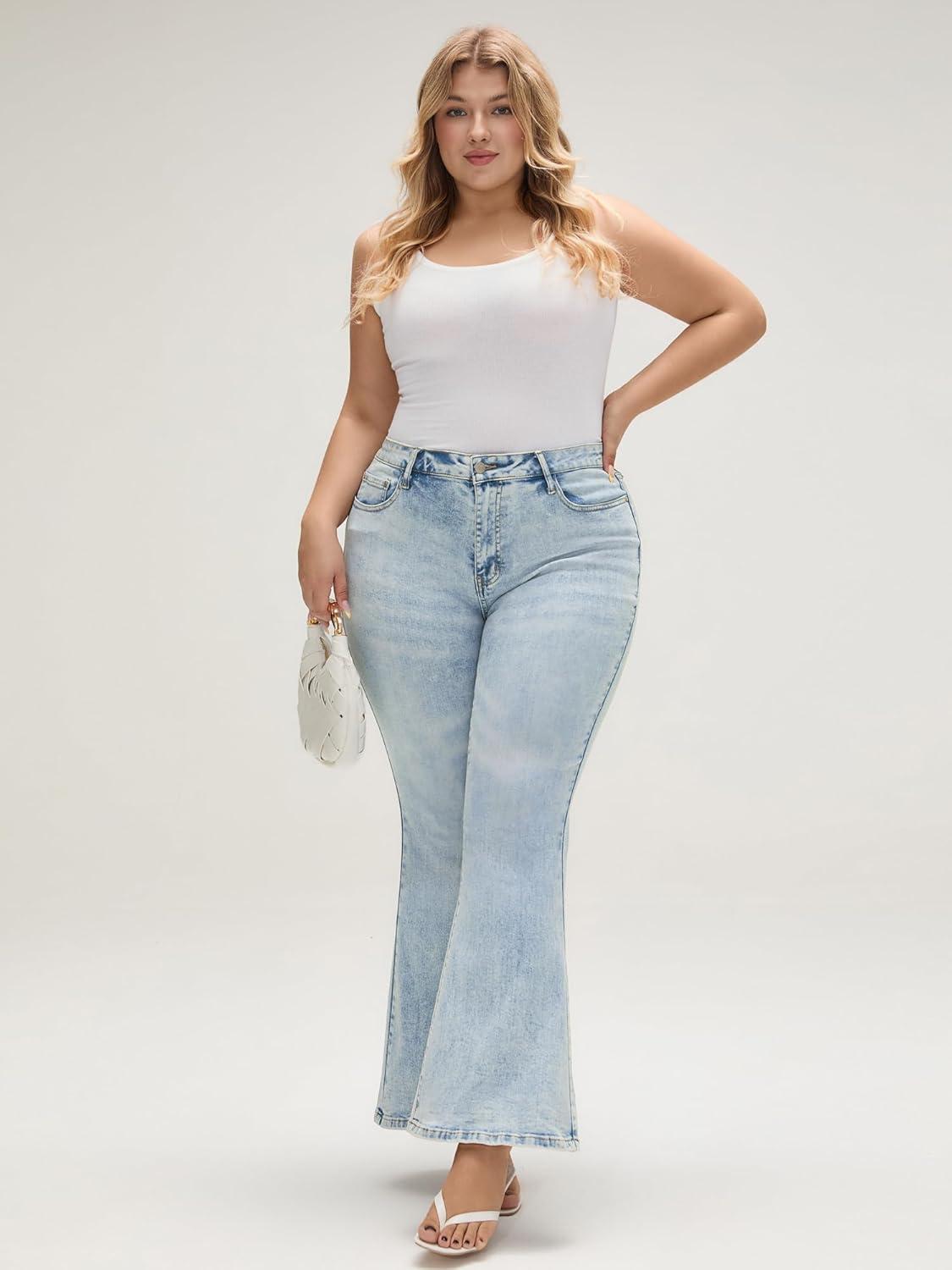image:imageEMMIOL Flare Jeans for Women Trendy MidHigh Waist Bootcut Bell Bottom Jeans Stretchy Denim Y2K Pants with PocketsBlight Blue Washmid Rise