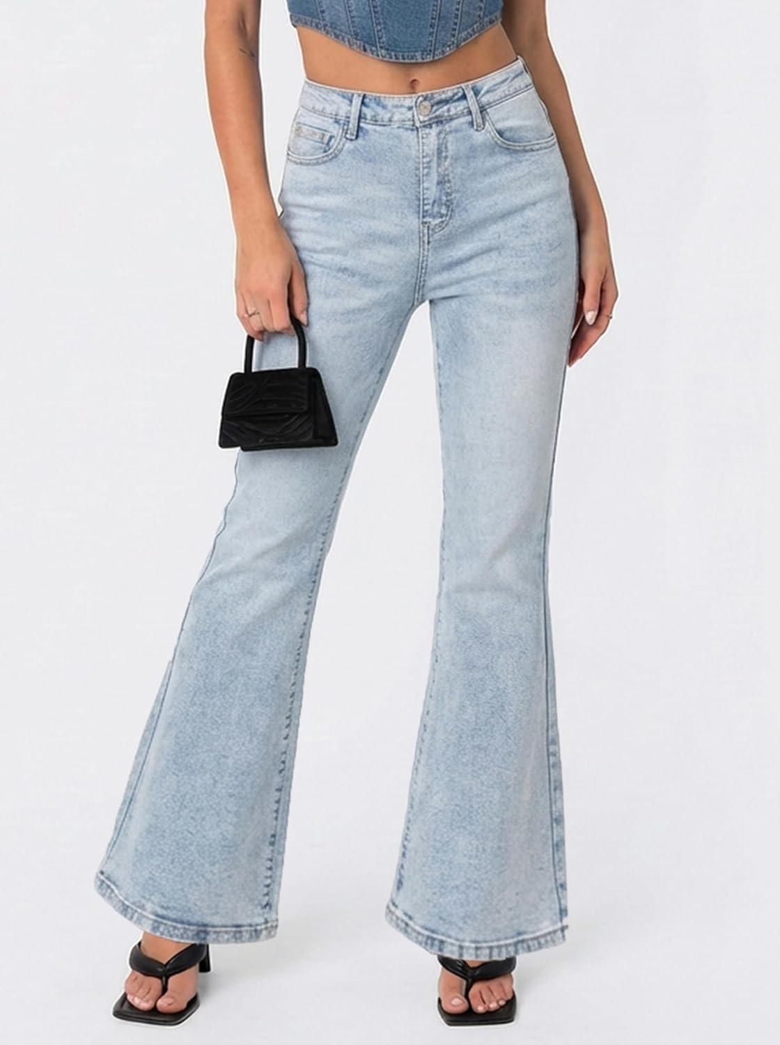 image:imageEMMIOL Flare Jeans for Women Trendy MidHigh Waist Bootcut Bell Bottom Jeans Stretchy Denim Y2K Pants with PocketsBlight Blue Washmid Rise