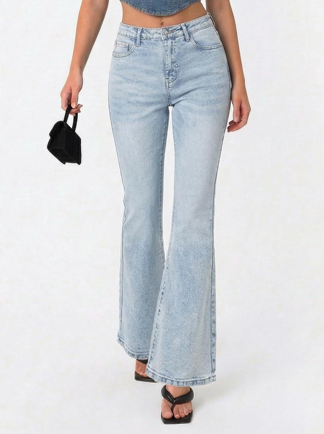 image:imageEMMIOL Flare Jeans for Women Trendy MidHigh Waist Bootcut Bell Bottom Jeans Stretchy Denim Y2K Pants with PocketsBlight Blue Washmid Rise