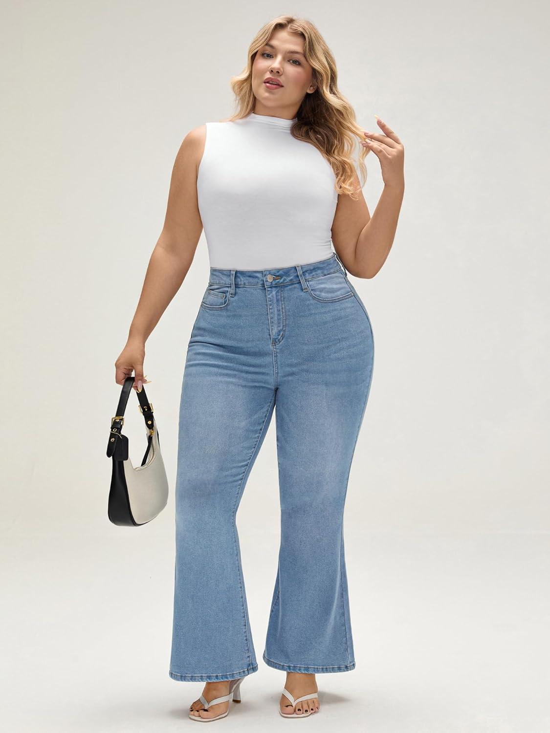 image:imageEMMIOL Flare Jeans for Women Trendy MidHigh Waist Bootcut Bell Bottom Jeans Stretchy Denim Y2K Pants with PocketsBlight Bluehigh Rise