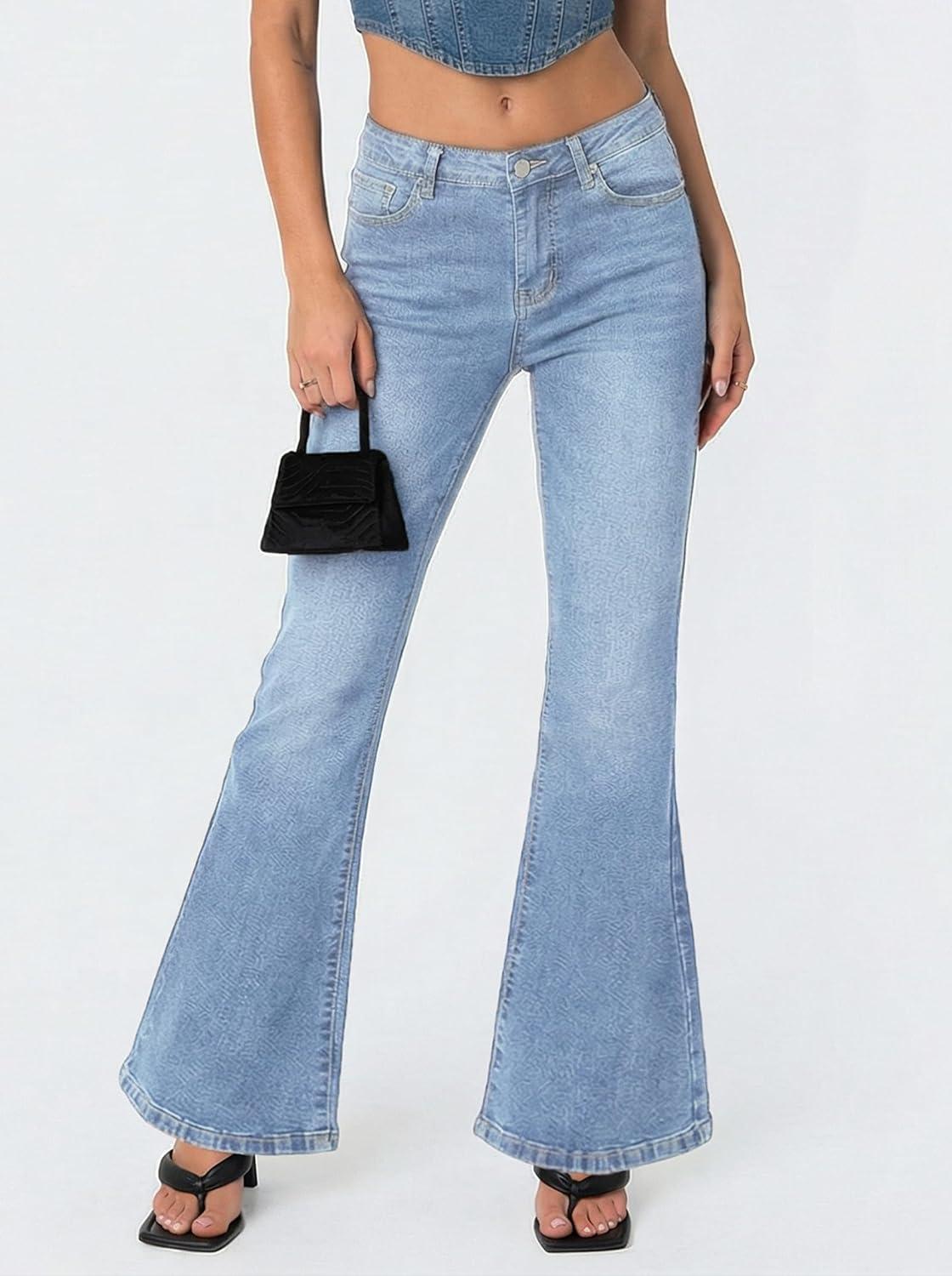 image:imageEMMIOL Flare Jeans for Women Trendy MidHigh Waist Bootcut Bell Bottom Jeans Stretchy Denim Y2K Pants with PocketsBlight Bluemid Rise