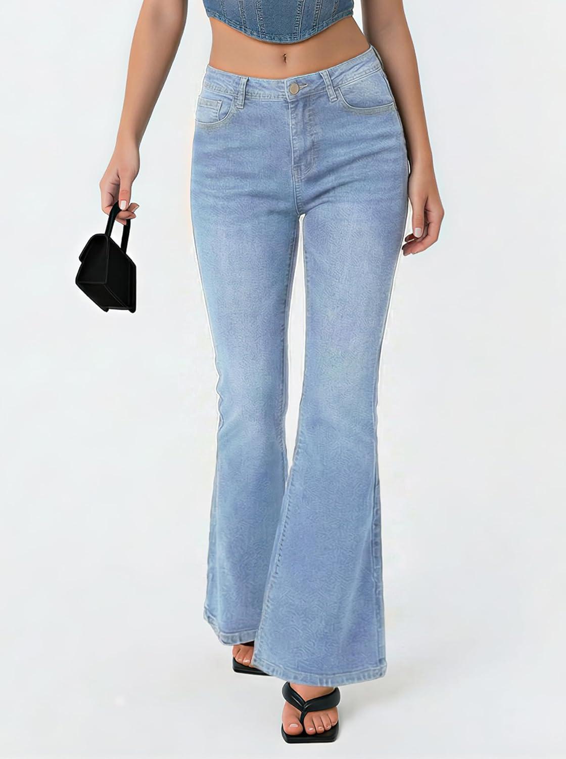 image:imageEMMIOL Flare Jeans for Women Trendy MidHigh Waist Bootcut Bell Bottom Jeans Stretchy Denim Y2K Pants with PocketsBlight Bluemid Rise