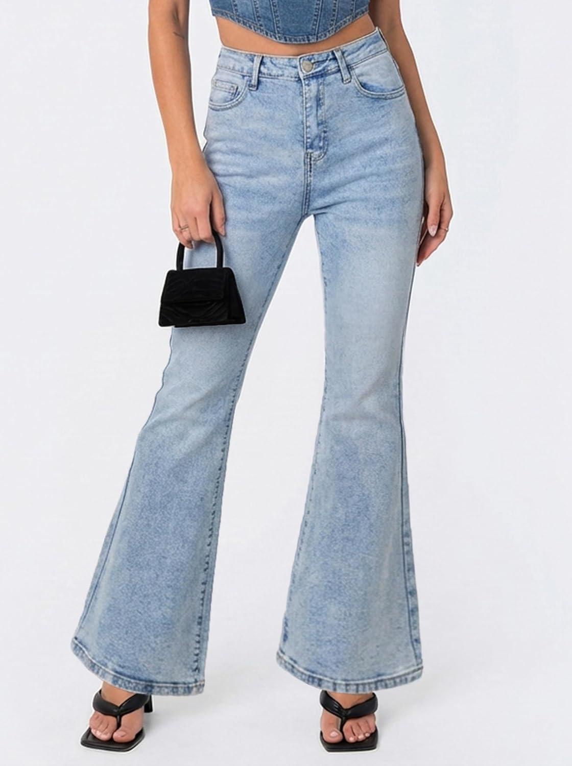 image:imageEMMIOL Flare Jeans for Women Trendy MidHigh Waist Bootcut Bell Bottom Jeans Stretchy Denim Y2K Pants with PocketsBmid Blue Washhigh Rise