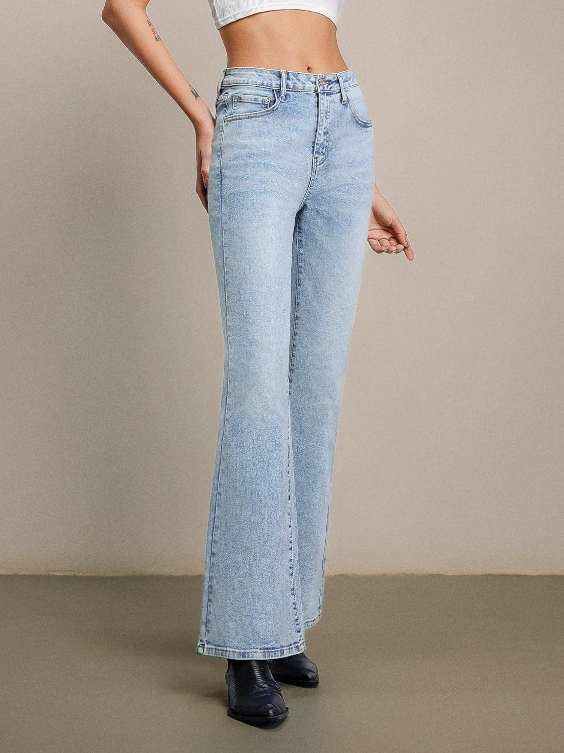 image:imageEMMIOL Flare Jeans for Women Trendy MidHigh Waist Bootcut Bell Bottom Jeans Stretchy Denim Y2K Pants with PocketsBmid Blue Washhigh Rise