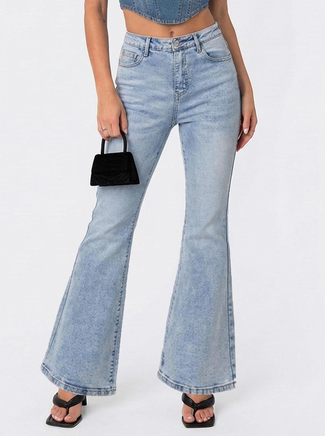image:imageEMMIOL Flare Jeans for Women Trendy MidHigh Waist Bootcut Bell Bottom Jeans Stretchy Denim Y2K Pants with PocketsBmid Blue Washmid Rise