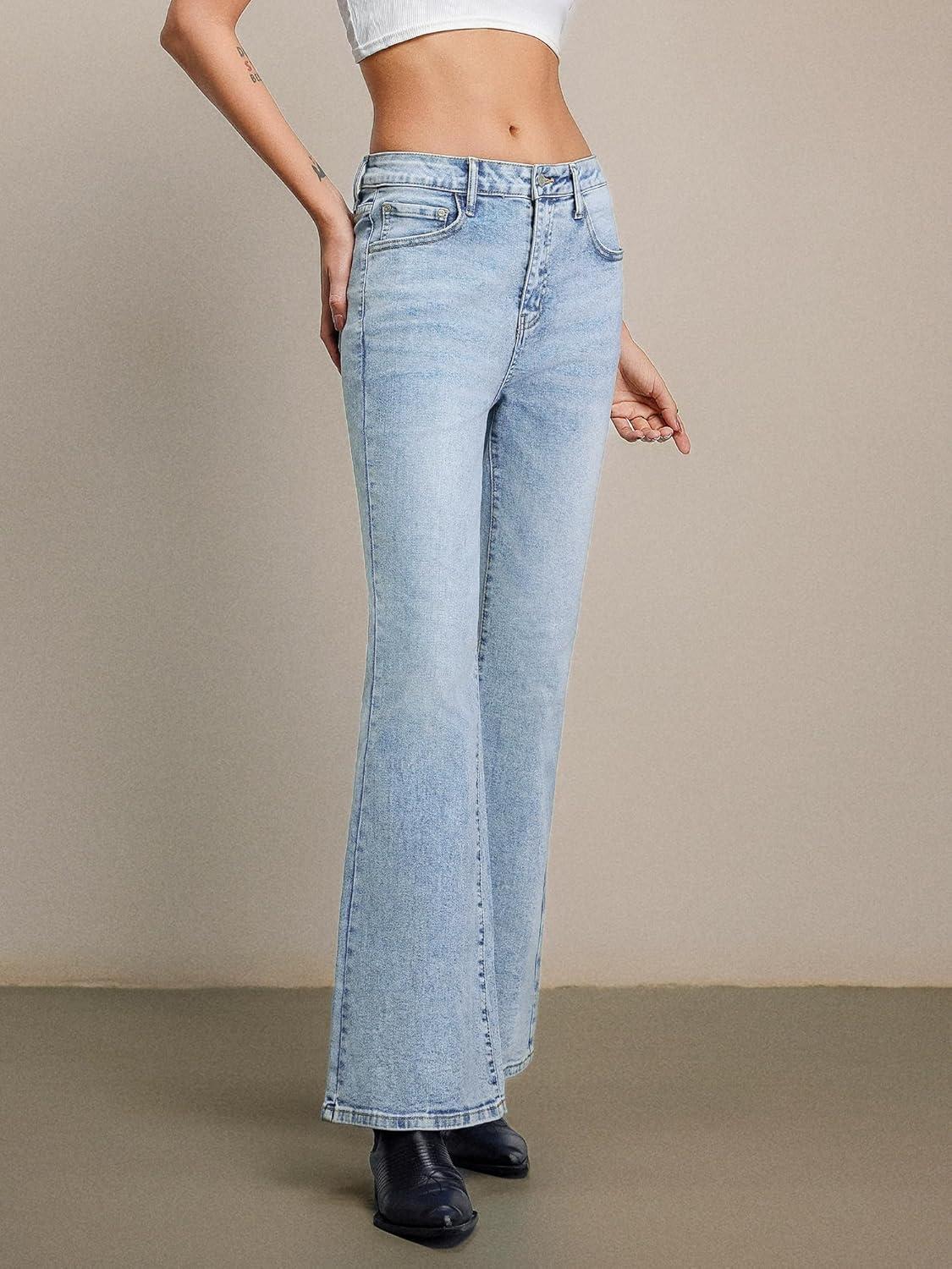 image:imageEMMIOL Flare Jeans for Women Trendy MidHigh Waist Bootcut Bell Bottom Jeans Stretchy Denim Y2K Pants with PocketsBmid Blue Washmid Rise