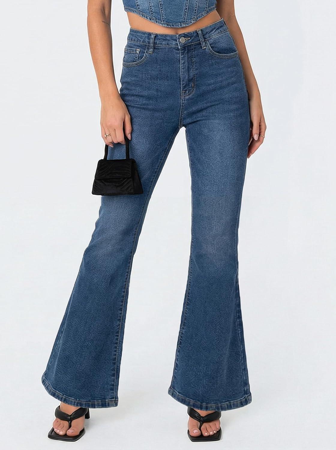 image:imageEMMIOL Flare Jeans for Women Trendy MidHigh Waist Bootcut Bell Bottom Jeans Stretchy Denim Y2K Pants with PocketsBmid Bluehigh Rise
