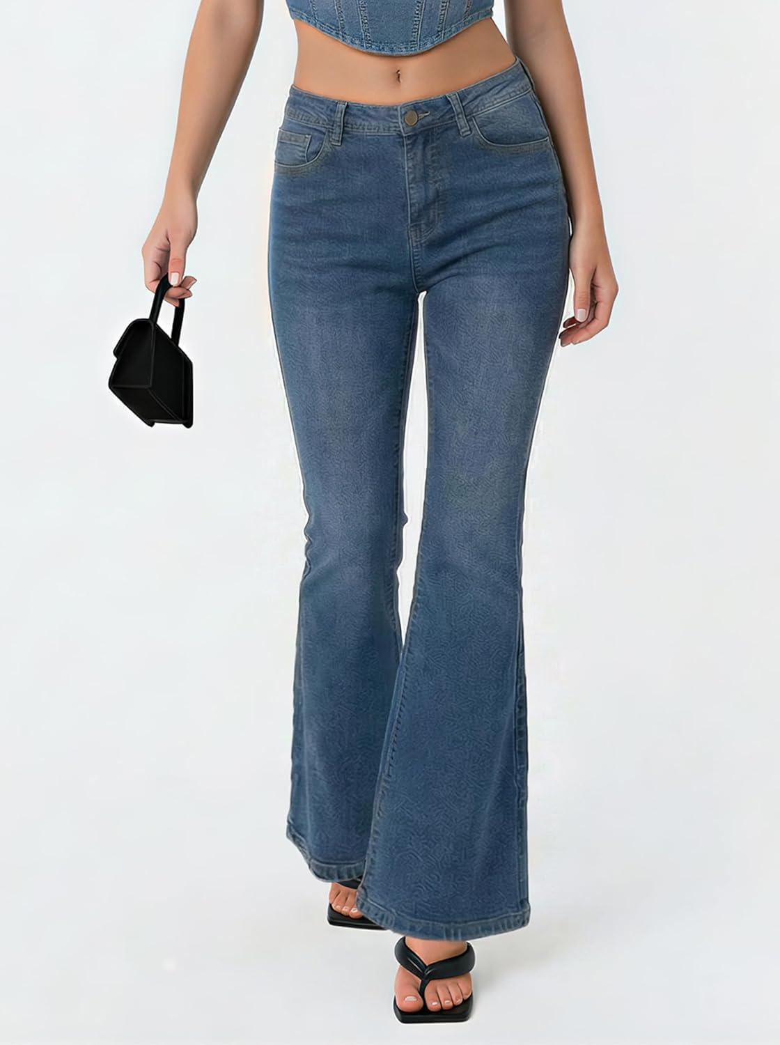 image:imageEMMIOL Flare Jeans for Women Trendy MidHigh Waist Bootcut Bell Bottom Jeans Stretchy Denim Y2K Pants with PocketsBmid Bluemid Rise