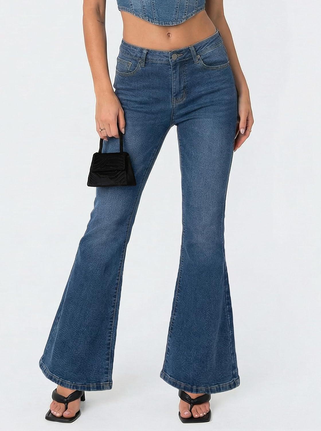 image:imageEMMIOL Flare Jeans for Women Trendy MidHigh Waist Bootcut Bell Bottom Jeans Stretchy Denim Y2K Pants with PocketsBmid Bluemid Rise