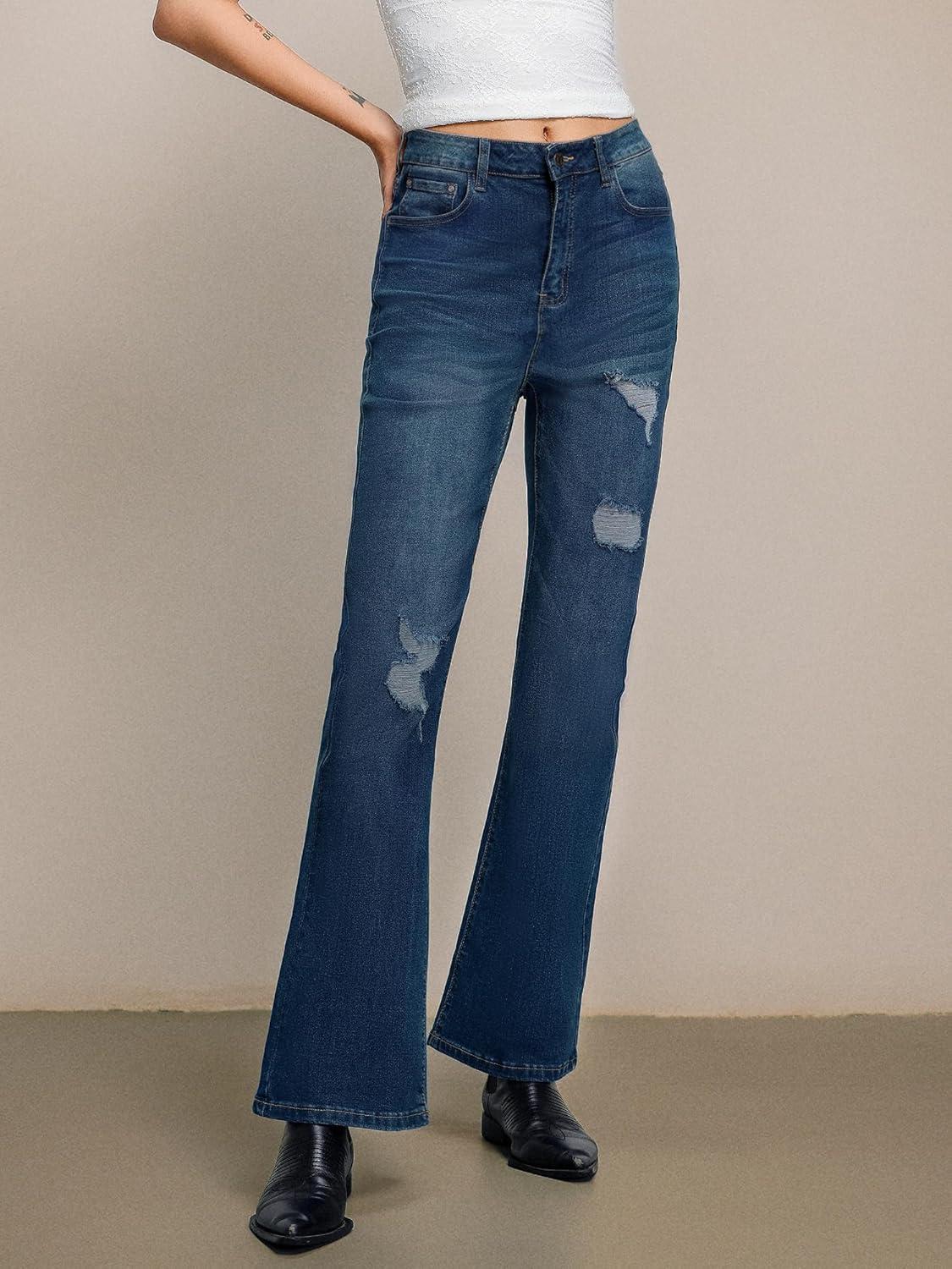 image:imageEMMIOL Flare Jeans for Women Trendy MidHigh Waist Bootcut Bell Bottom Jeans Stretchy Denim Y2K Pants with PocketsCdark Bluehigh Rise