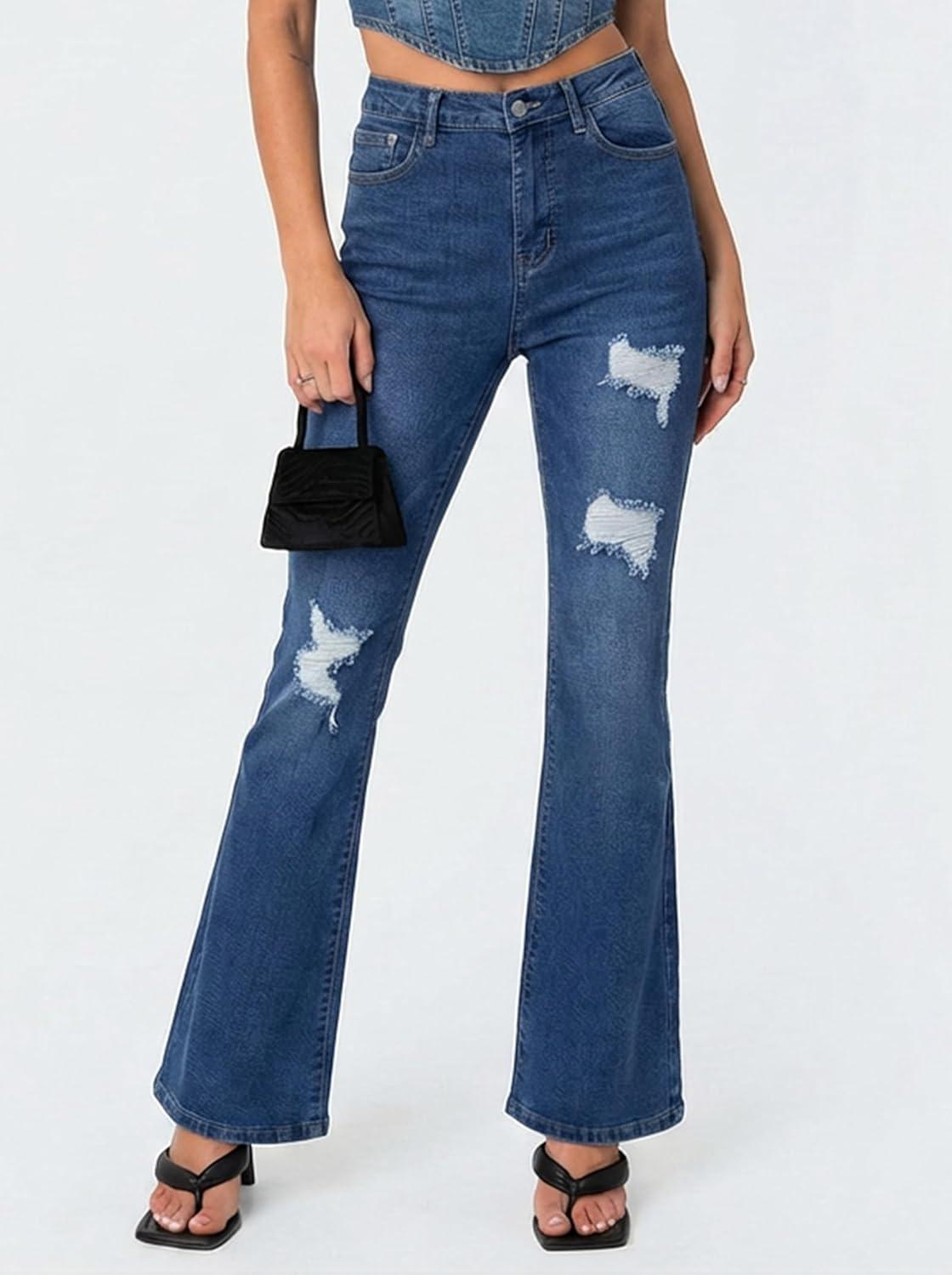 image:imageEMMIOL Flare Jeans for Women Trendy MidHigh Waist Bootcut Bell Bottom Jeans Stretchy Denim Y2K Pants with PocketsCdark Bluehigh Rise