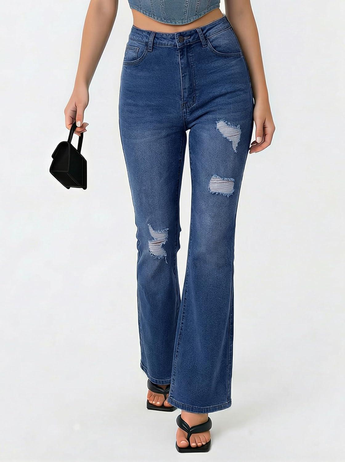 image:imageEMMIOL Flare Jeans for Women Trendy MidHigh Waist Bootcut Bell Bottom Jeans Stretchy Denim Y2K Pants with PocketsCdark Bluehigh Rise