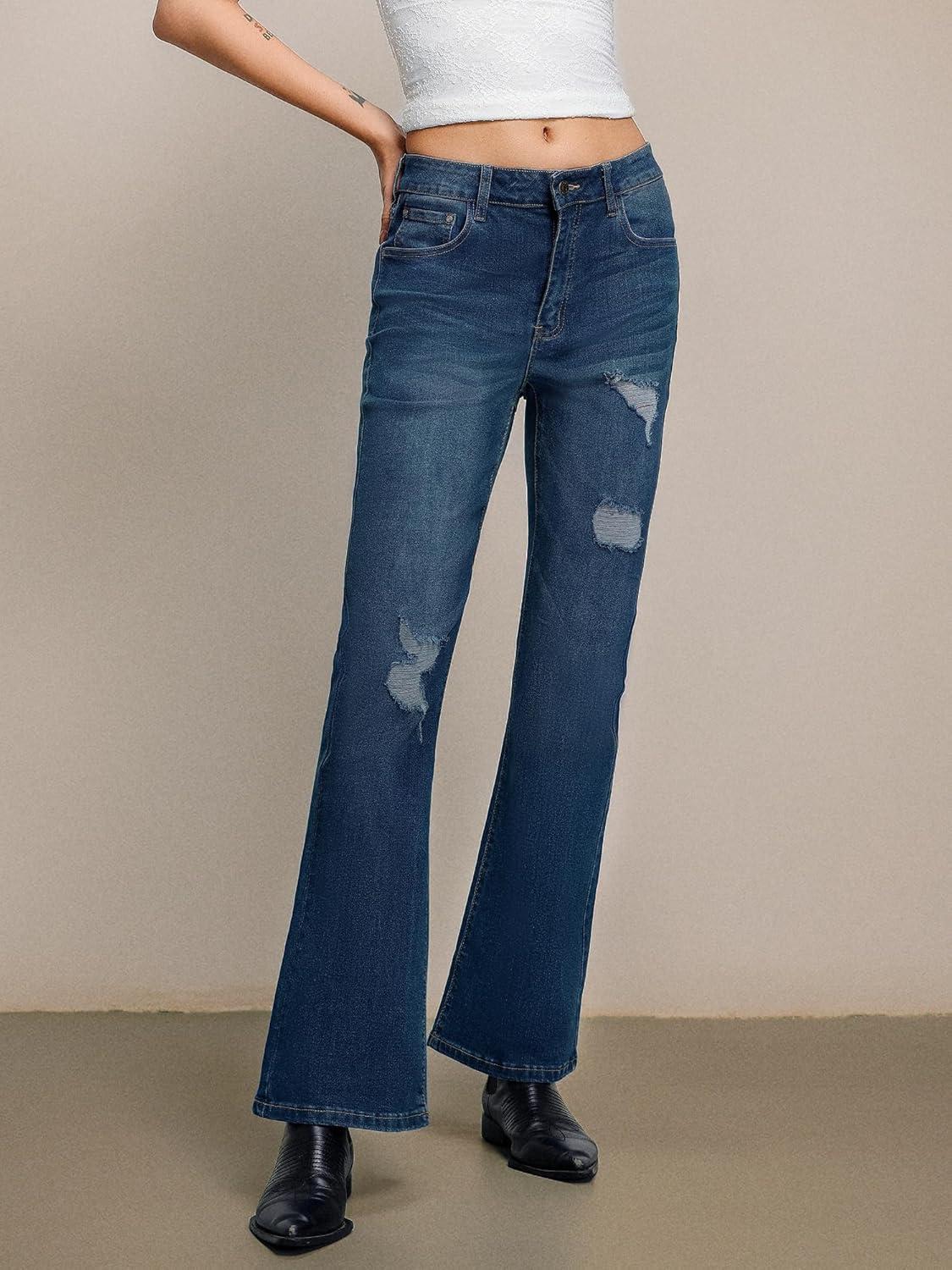 image:imageEMMIOL Flare Jeans for Women Trendy MidHigh Waist Bootcut Bell Bottom Jeans Stretchy Denim Y2K Pants with PocketsCdark Bluemid Rise