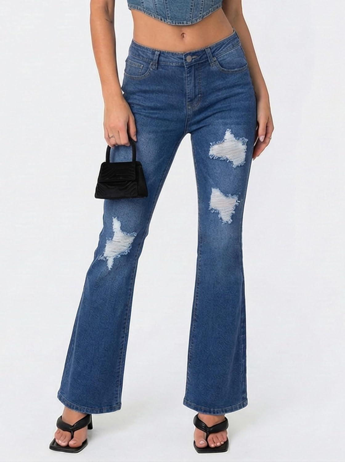 image:imageEMMIOL Flare Jeans for Women Trendy MidHigh Waist Bootcut Bell Bottom Jeans Stretchy Denim Y2K Pants with PocketsCdark Bluemid Rise