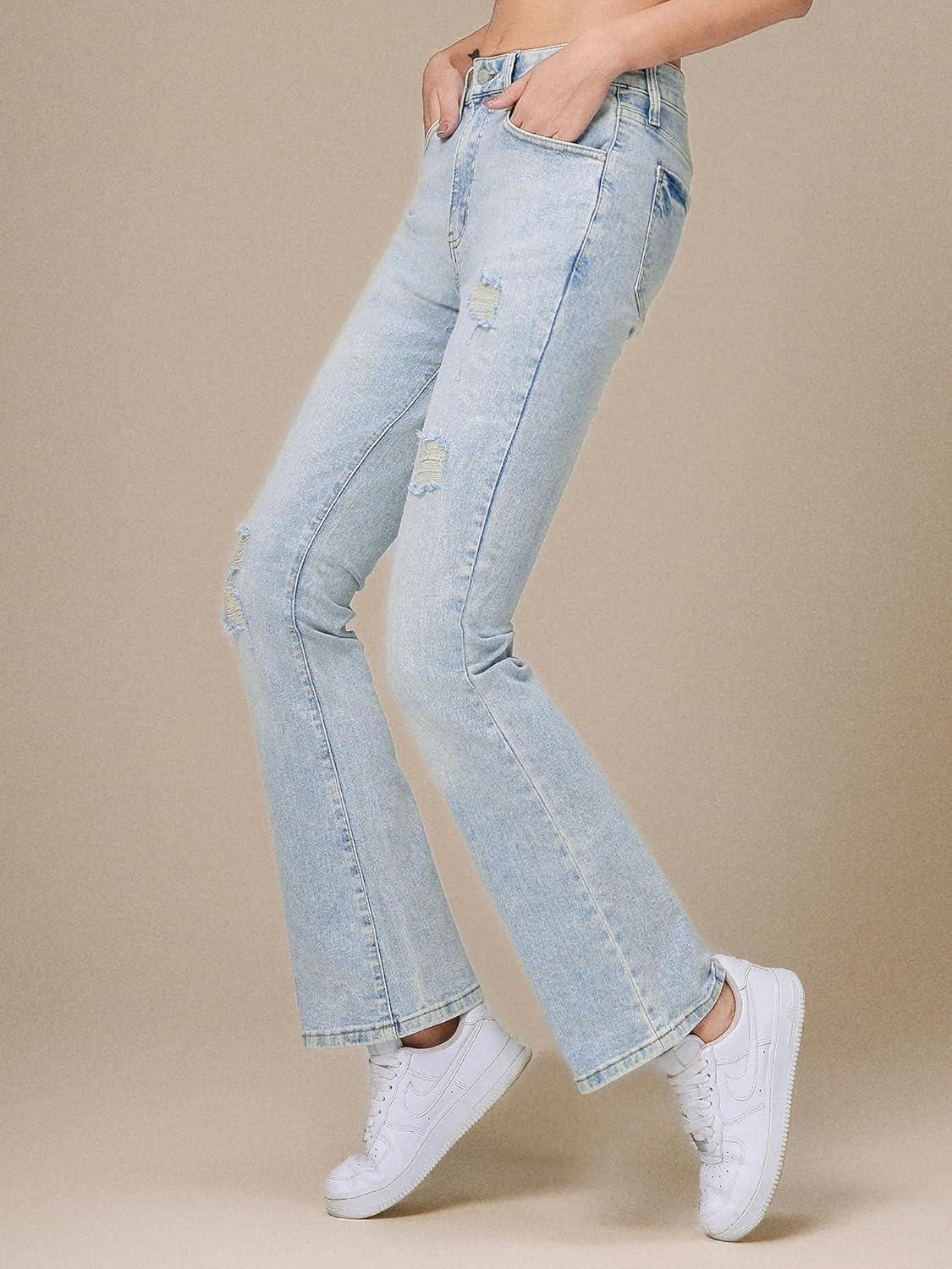 image:imageEMMIOL Flare Jeans for Women Trendy MidHigh Waist Bootcut Bell Bottom Jeans Stretchy Denim Y2K Pants with PocketsClight Blue Washhigh Rise