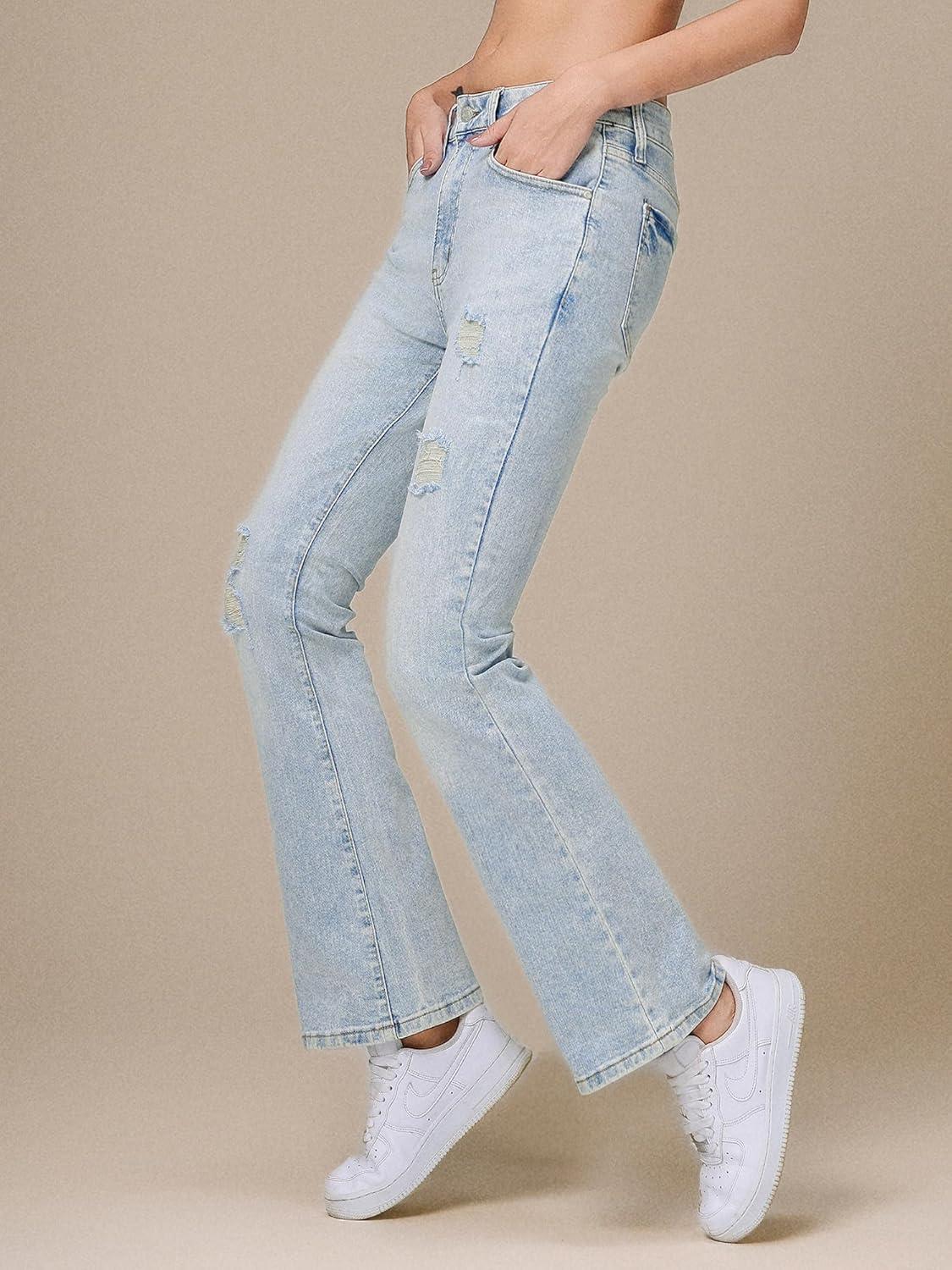image:imageEMMIOL Flare Jeans for Women Trendy MidHigh Waist Bootcut Bell Bottom Jeans Stretchy Denim Y2K Pants with PocketsClight Blue Washmid Rise
