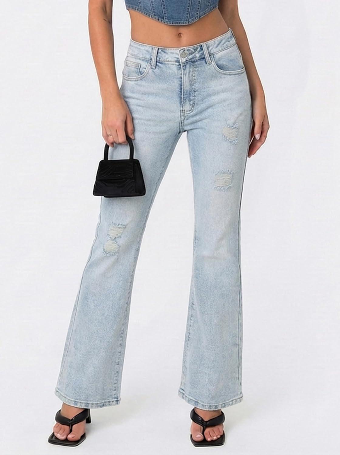image:imageEMMIOL Flare Jeans for Women Trendy MidHigh Waist Bootcut Bell Bottom Jeans Stretchy Denim Y2K Pants with PocketsClight Blue Washmid Rise