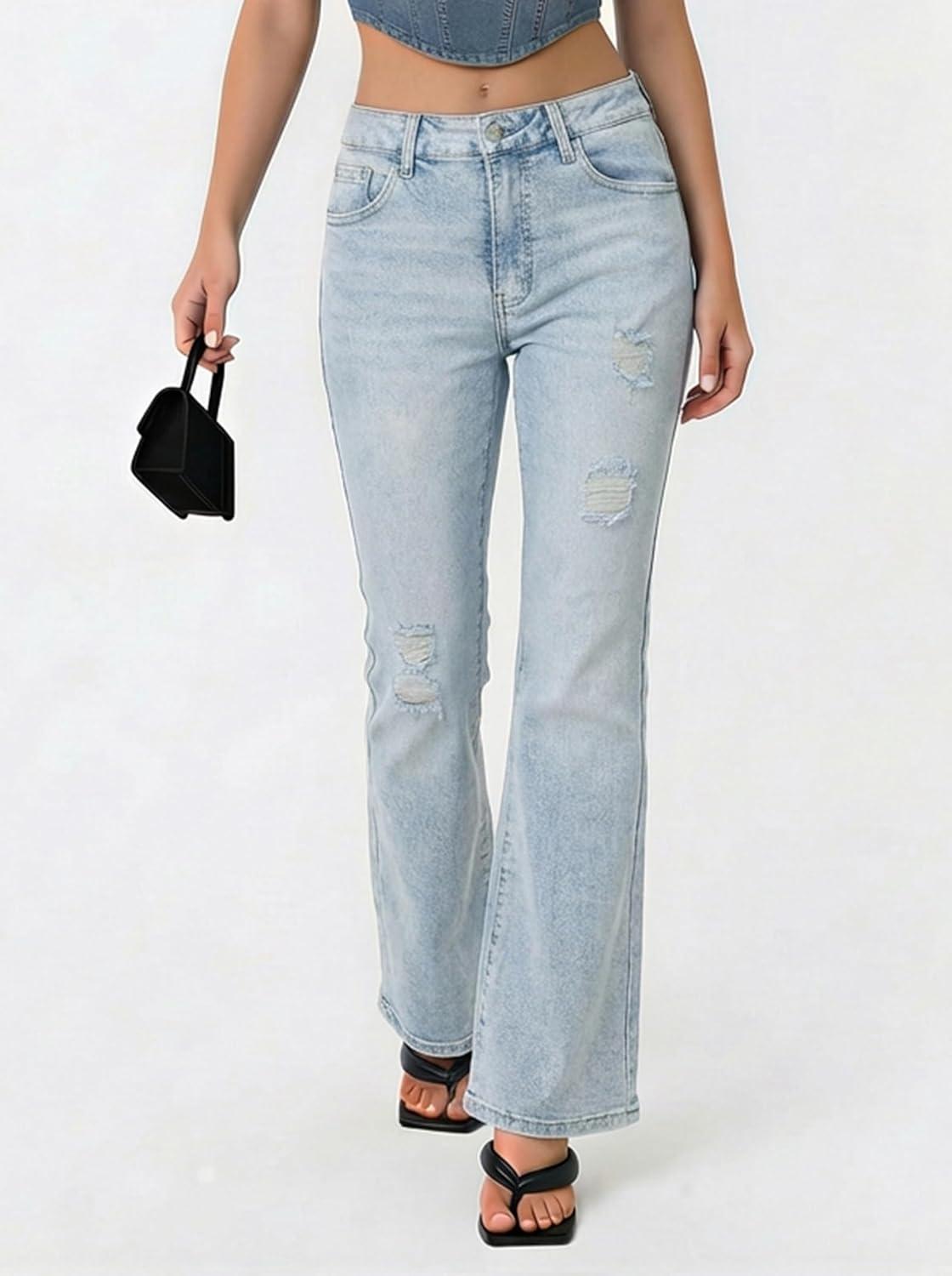 image:imageEMMIOL Flare Jeans for Women Trendy MidHigh Waist Bootcut Bell Bottom Jeans Stretchy Denim Y2K Pants with PocketsClight Blue Washmid Rise