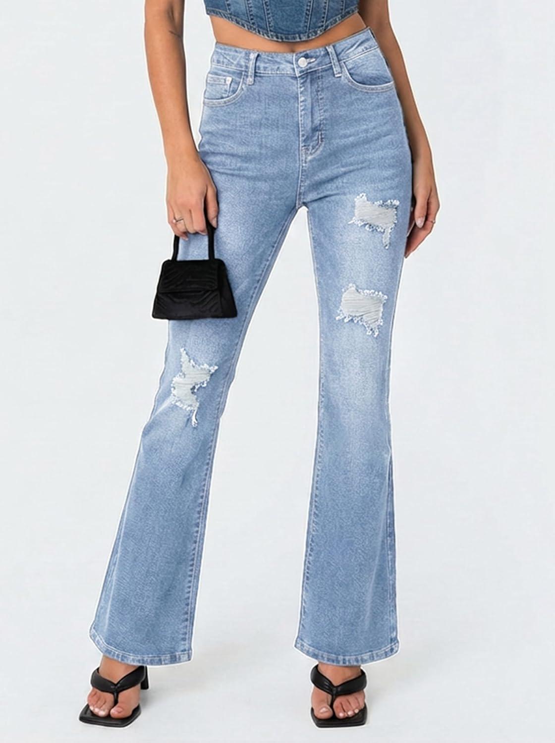 image:imageEMMIOL Flare Jeans for Women Trendy MidHigh Waist Bootcut Bell Bottom Jeans Stretchy Denim Y2K Pants with PocketsClight Bluehigh Rise