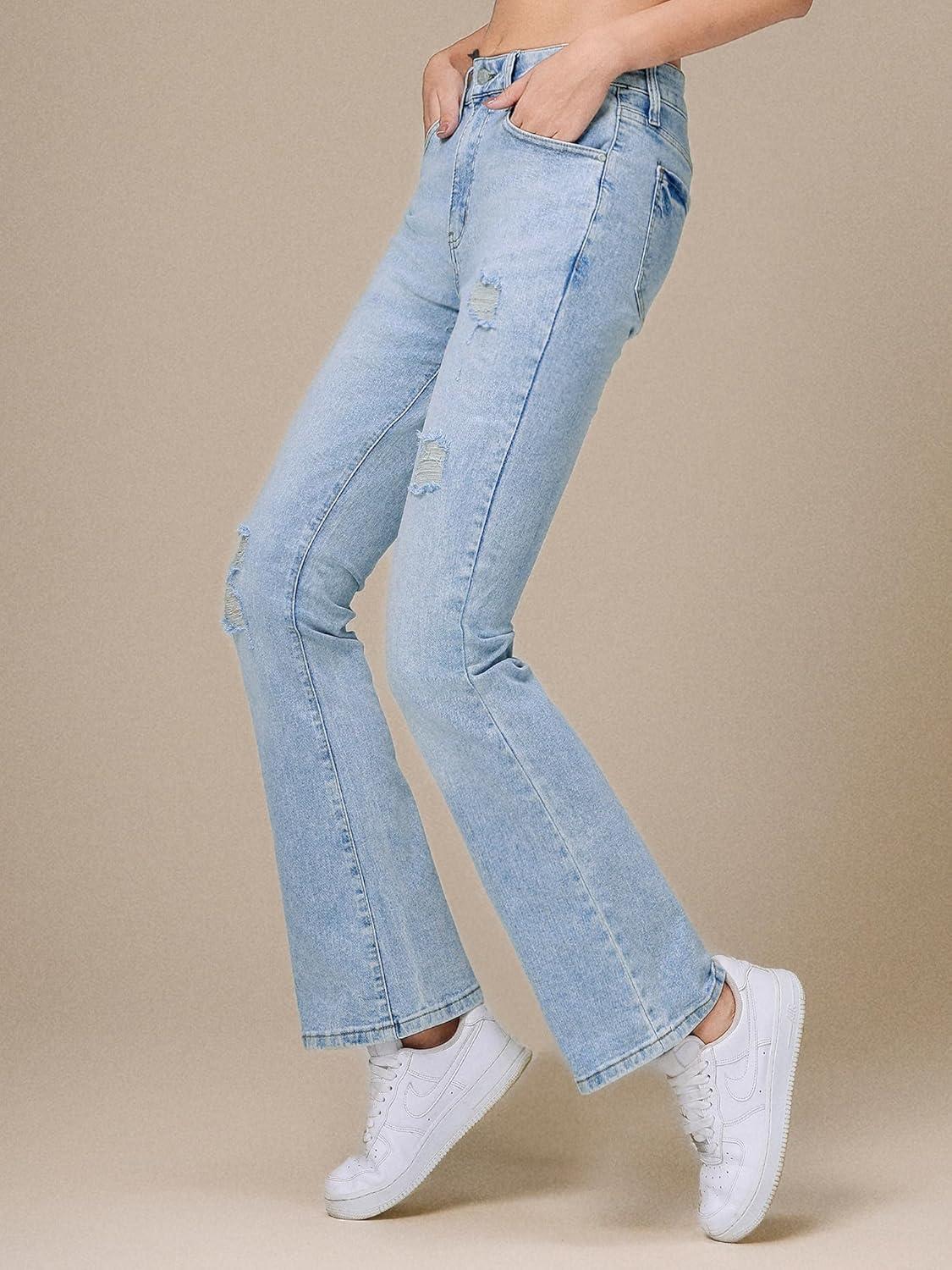 image:imageEMMIOL Flare Jeans for Women Trendy MidHigh Waist Bootcut Bell Bottom Jeans Stretchy Denim Y2K Pants with PocketsCmid Blue Washhigh Rise