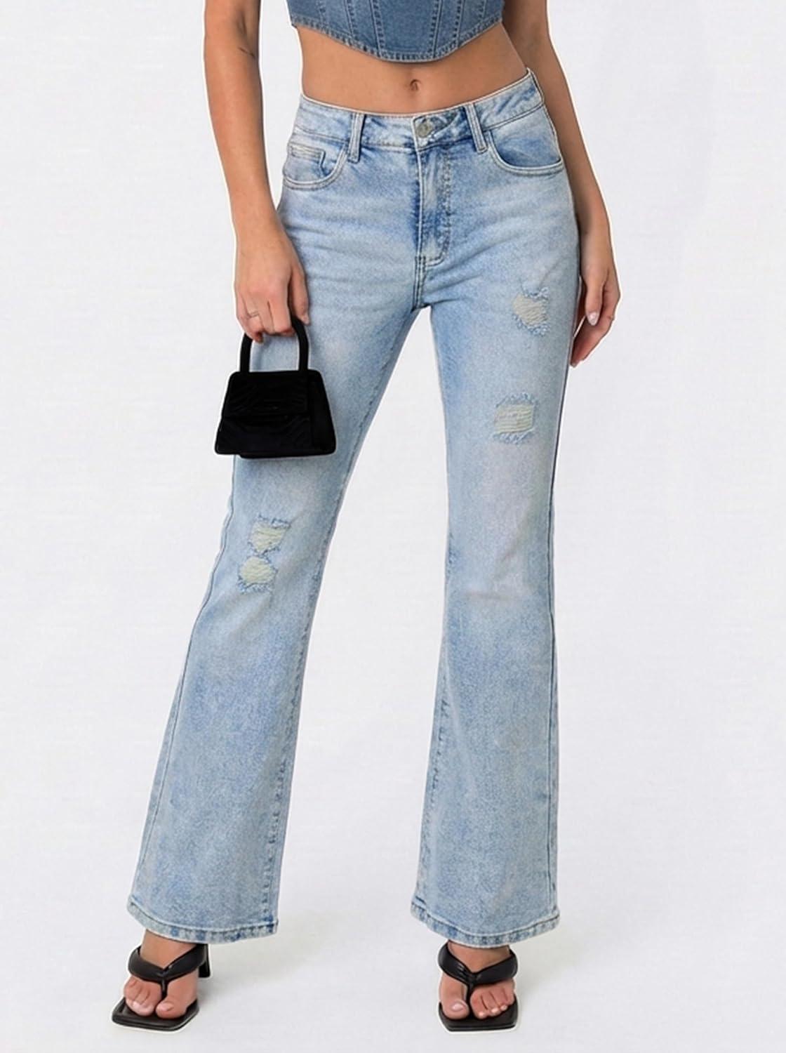image:imageEMMIOL Flare Jeans for Women Trendy MidHigh Waist Bootcut Bell Bottom Jeans Stretchy Denim Y2K Pants with PocketsCmid Blue Washmid Rise