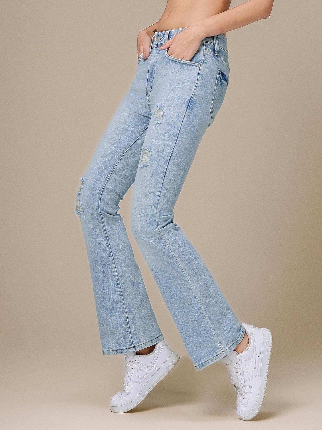 image:imageEMMIOL Flare Jeans for Women Trendy MidHigh Waist Bootcut Bell Bottom Jeans Stretchy Denim Y2K Pants with PocketsCmid Blue Washmid Rise