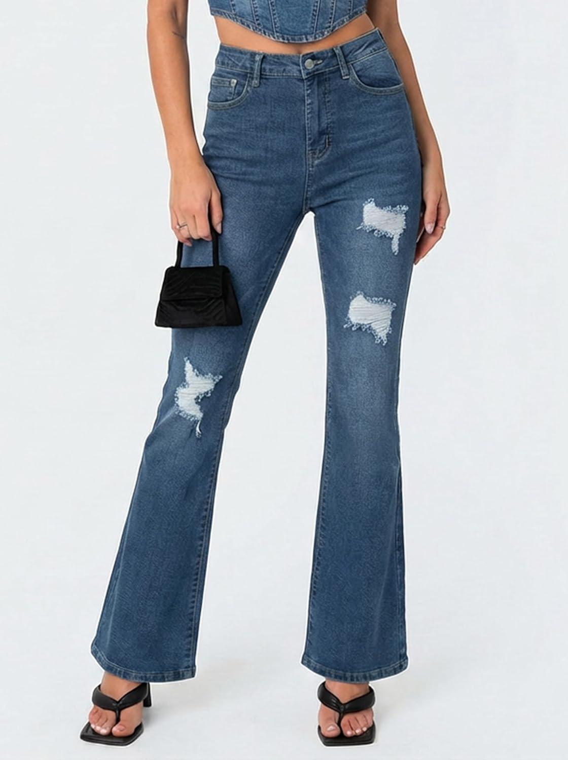 image:imageEMMIOL Flare Jeans for Women Trendy MidHigh Waist Bootcut Bell Bottom Jeans Stretchy Denim Y2K Pants with PocketsCmid Bluehigh Rise
