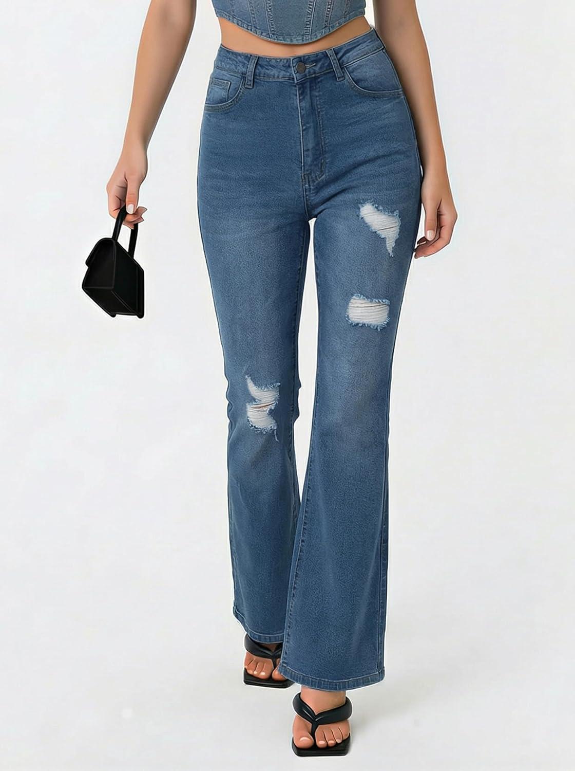 image:imageEMMIOL Flare Jeans for Women Trendy MidHigh Waist Bootcut Bell Bottom Jeans Stretchy Denim Y2K Pants with PocketsCmid Bluehigh Rise