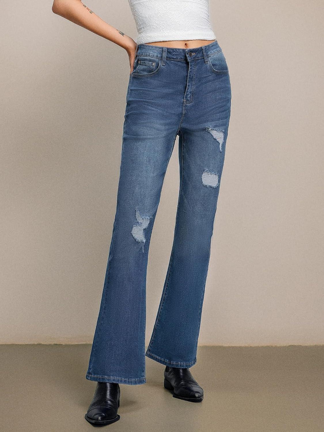image:imageEMMIOL Flare Jeans for Women Trendy MidHigh Waist Bootcut Bell Bottom Jeans Stretchy Denim Y2K Pants with PocketsCmid Bluehigh Rise