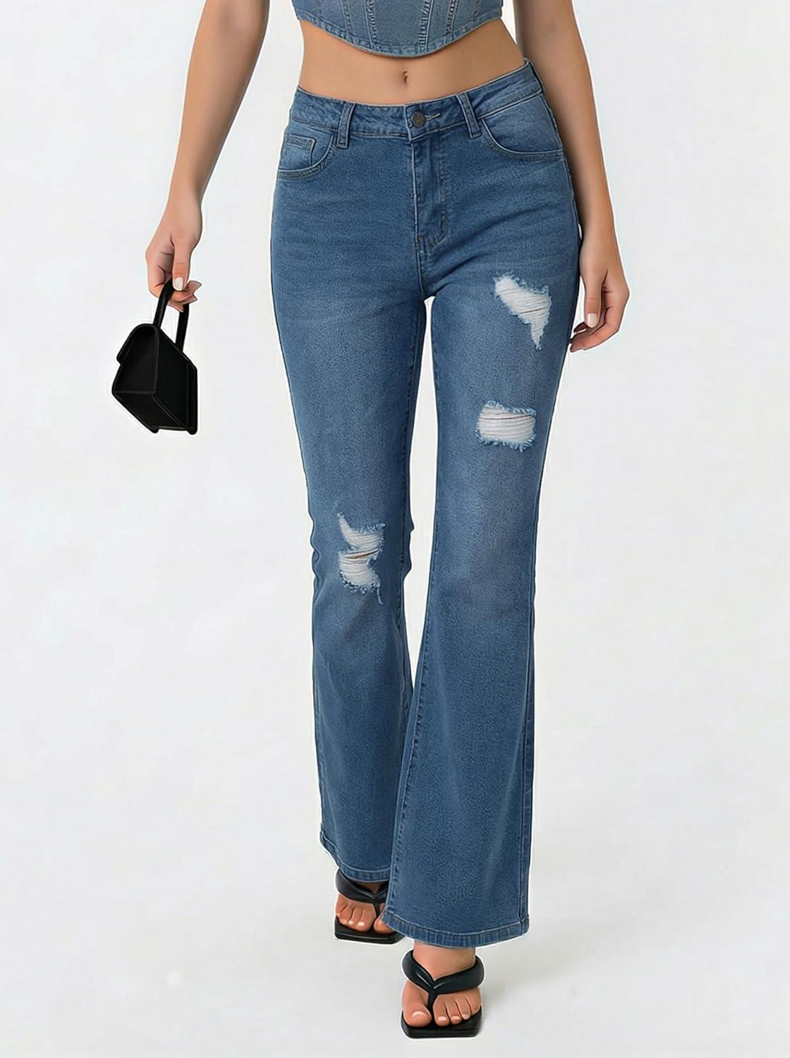 image:imageEMMIOL Flare Jeans for Women Trendy MidHigh Waist Bootcut Bell Bottom Jeans Stretchy Denim Y2K Pants with PocketsCmid Bluemid Rise