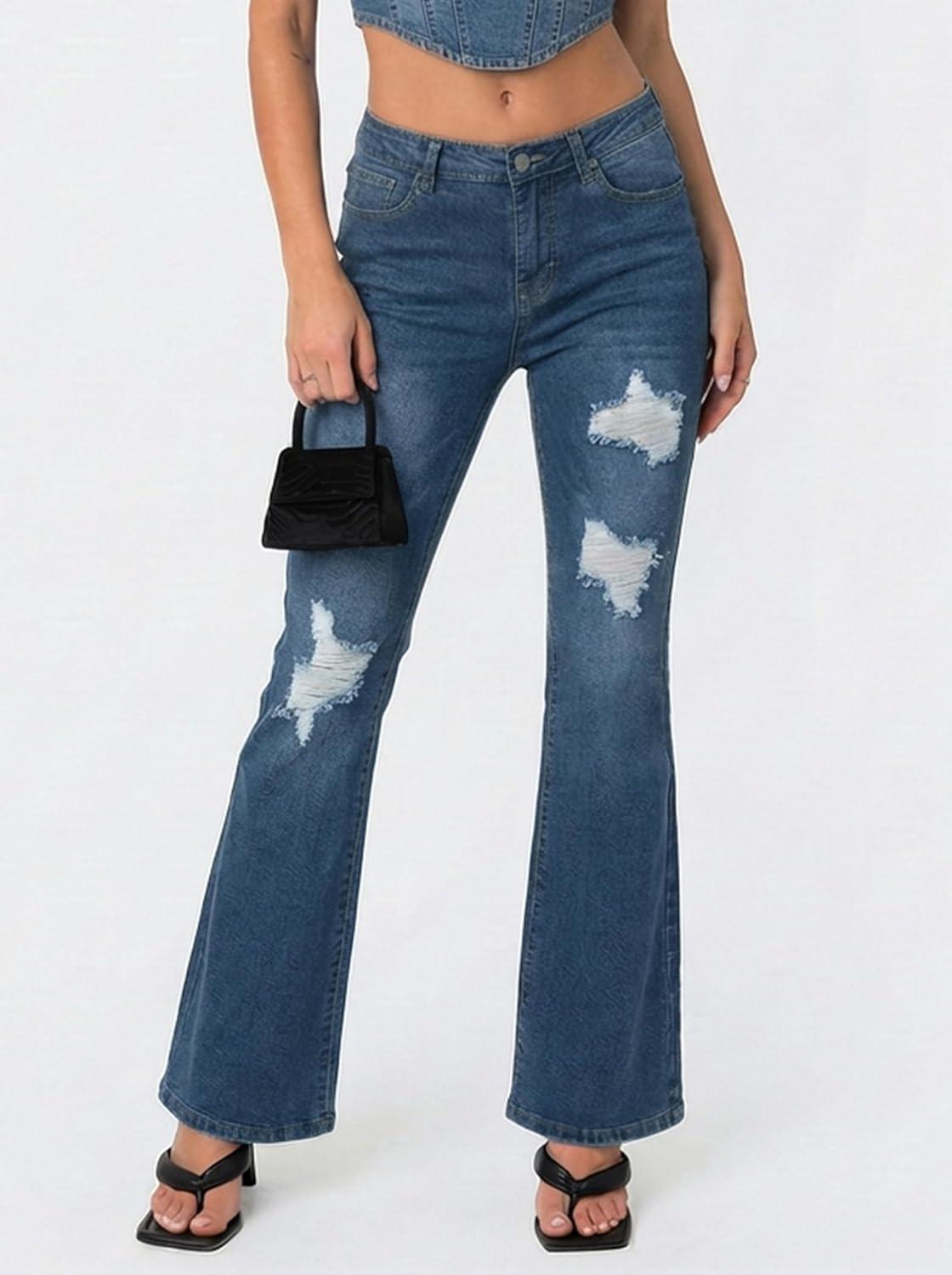 image:imageEMMIOL Flare Jeans for Women Trendy MidHigh Waist Bootcut Bell Bottom Jeans Stretchy Denim Y2K Pants with PocketsCmid Bluemid Rise