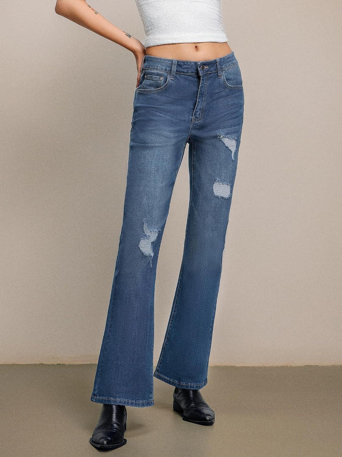 image:imageEMMIOL Flare Jeans for Women Trendy MidHigh Waist Bootcut Bell Bottom Jeans Stretchy Denim Y2K Pants with PocketsCmid Bluemid Rise