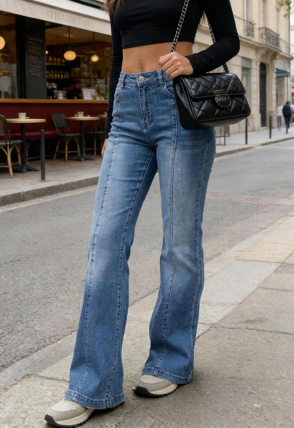 image:imageEMMIOL Flare Jeans for Women Trendy MidHigh Waist Bootcut Bell Bottom Jeans Stretchy Denim Y2K Pants with PocketsDenim Blue