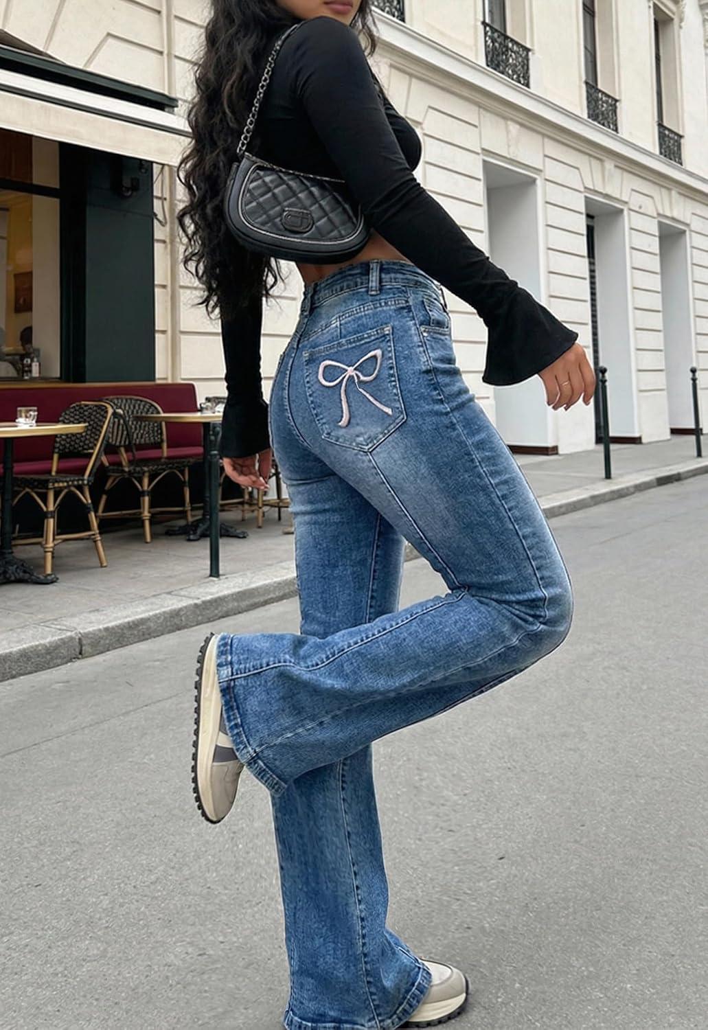 image:imageEMMIOL Flare Jeans for Women Trendy MidHigh Waist Bootcut Bell Bottom Jeans Stretchy Denim Y2K Pants with PocketsDenim Bluewith Bow