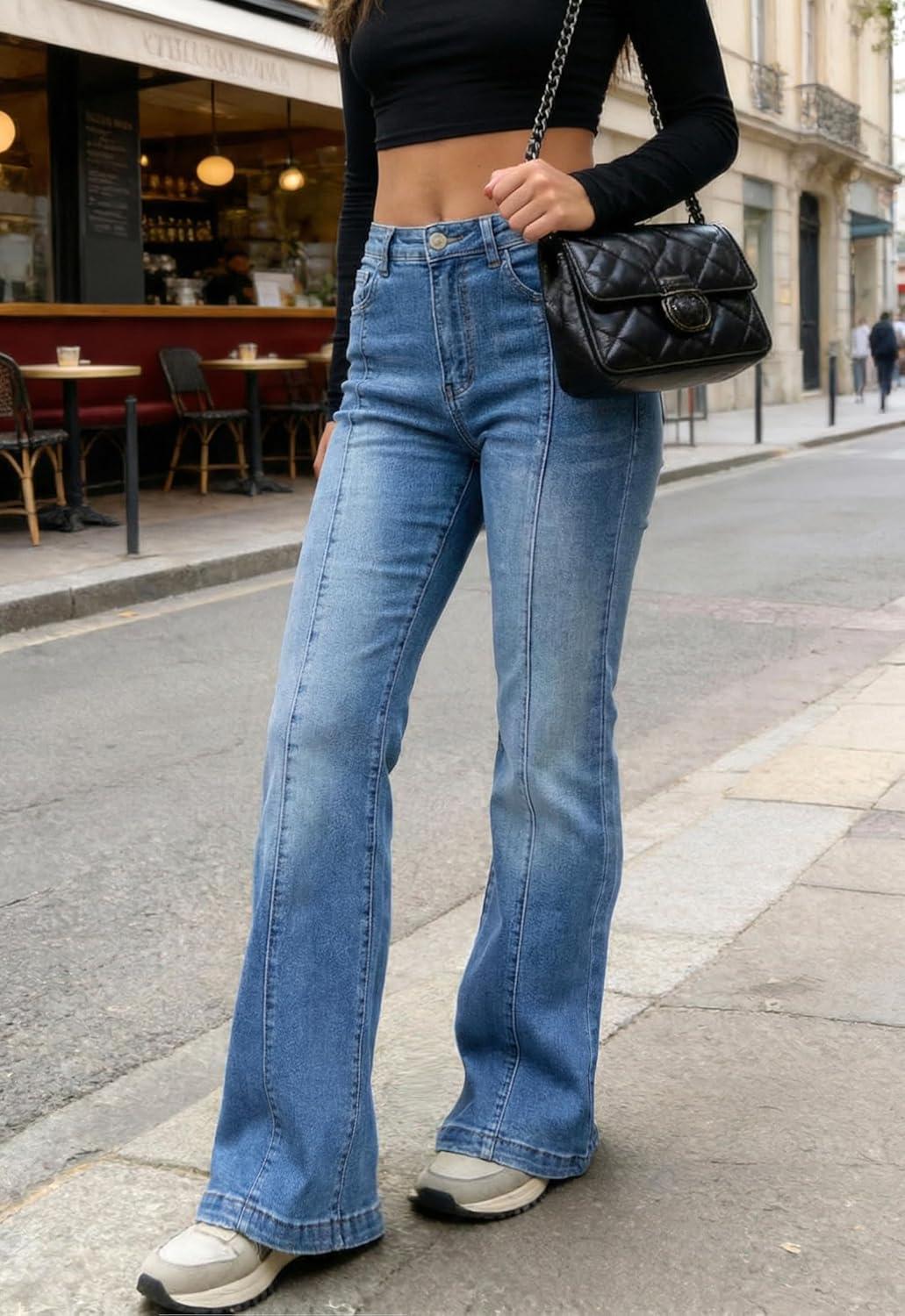 image:imageEMMIOL Flare Jeans for Women Trendy MidHigh Waist Bootcut Bell Bottom Jeans Stretchy Denim Y2K Pants with PocketsLight Blue