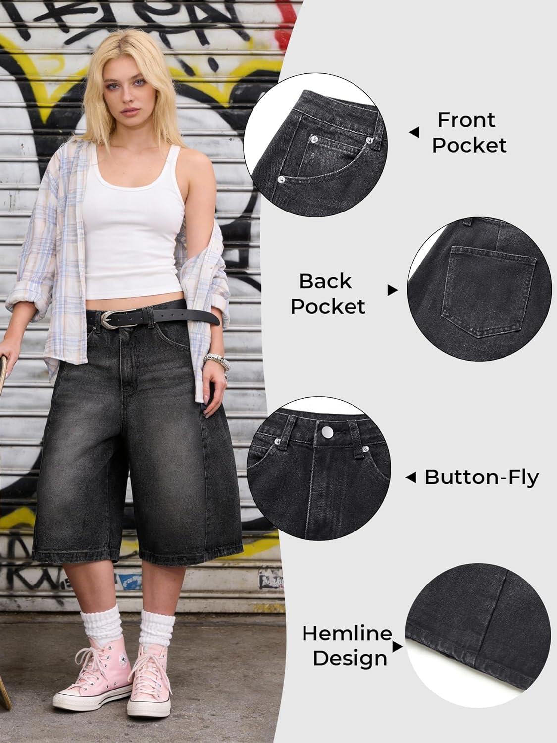 image:imageEMMIOL Jorts for Women Baggy Jeans Shorts Y2K Wide Leg Denim Barrel Shorts Grunge StreetwearBlack