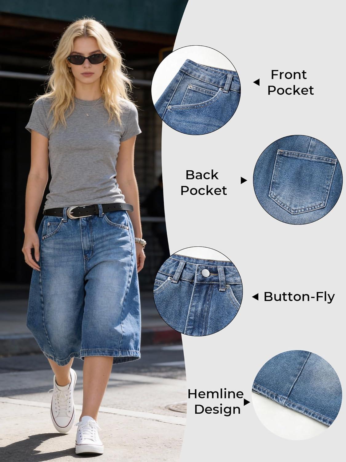 image:imageEMMIOL Jorts for Women Baggy Jeans Shorts Y2K Wide Leg Denim Barrel Shorts Grunge StreetwearRetro Blue