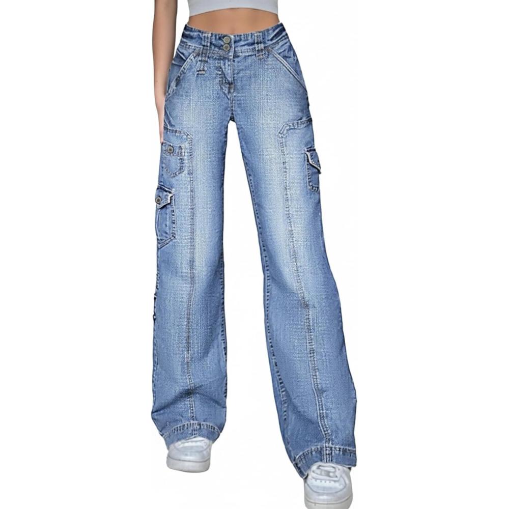 image:imageEMMIOL Cargo Pants Women Stretchy Wide Leg Baggy Jeans with Pockets Casual Trousers Y2K Vintage Streetwear Trendy 2026Blue