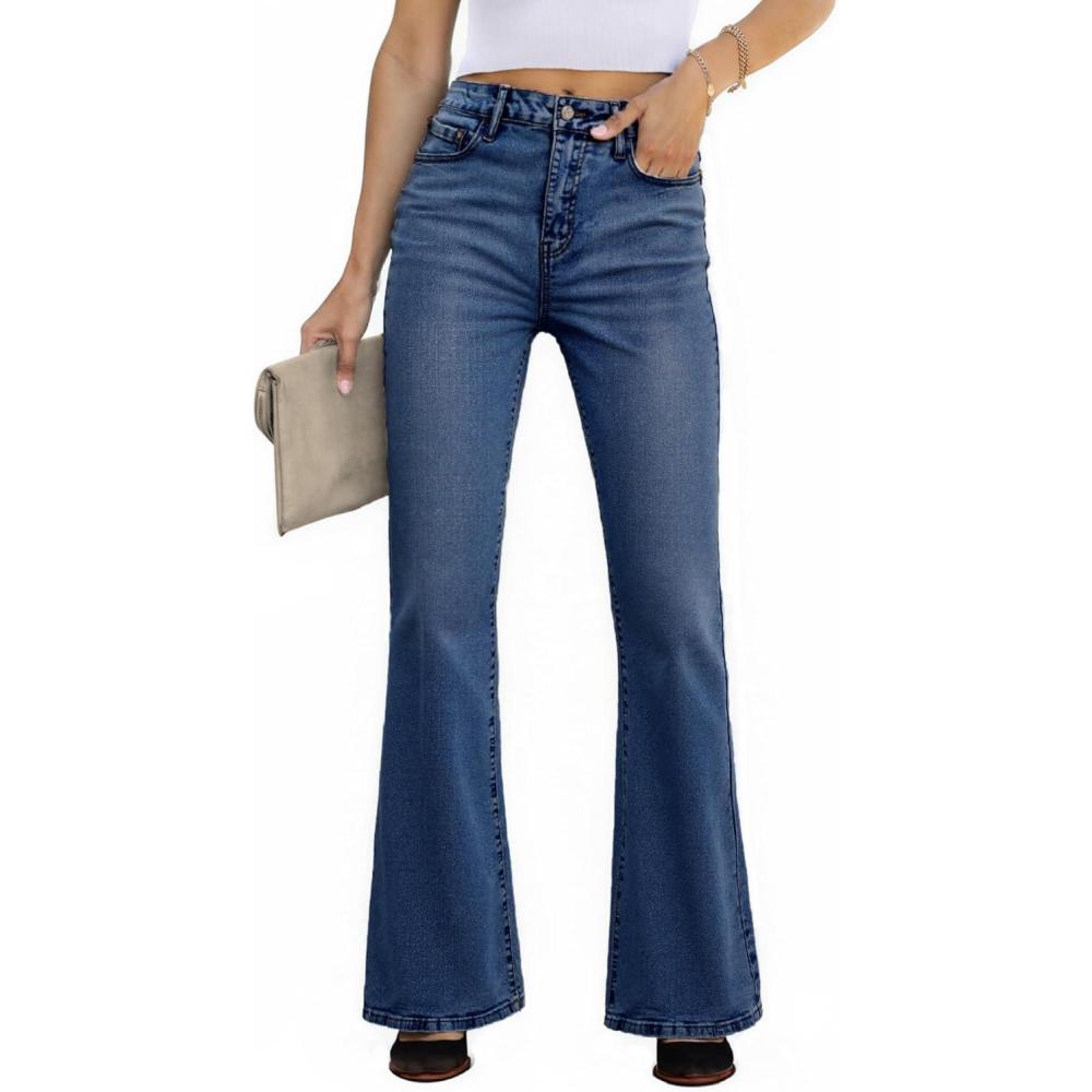 image:imageEMMIOL Flare Jeans for Women Trendy MidHigh Waist Bootcut Bell Bottom Jeans Stretchy Denim Y2K Pants with PocketsAmid Bluehigh Rised