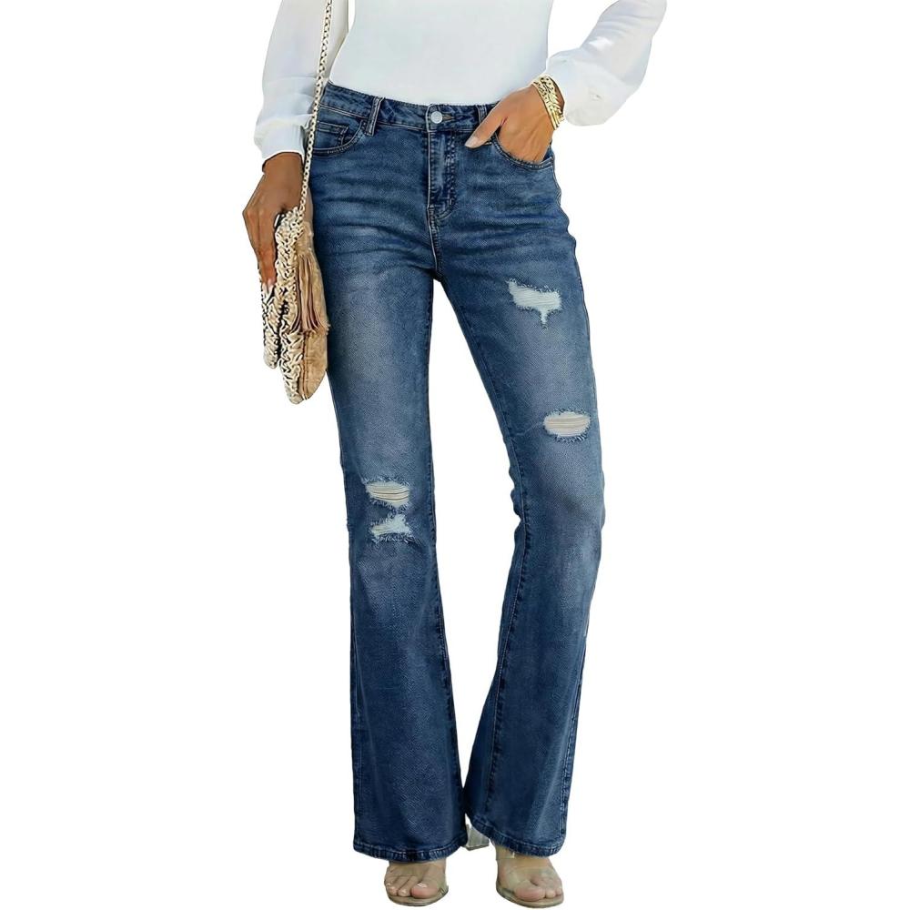 image:imageEMMIOL Flare Jeans for Women Trendy MidHigh Waist Bootcut Bell Bottom Jeans Stretchy Denim Y2K Pants with PocketsCmid Bluemid Rise