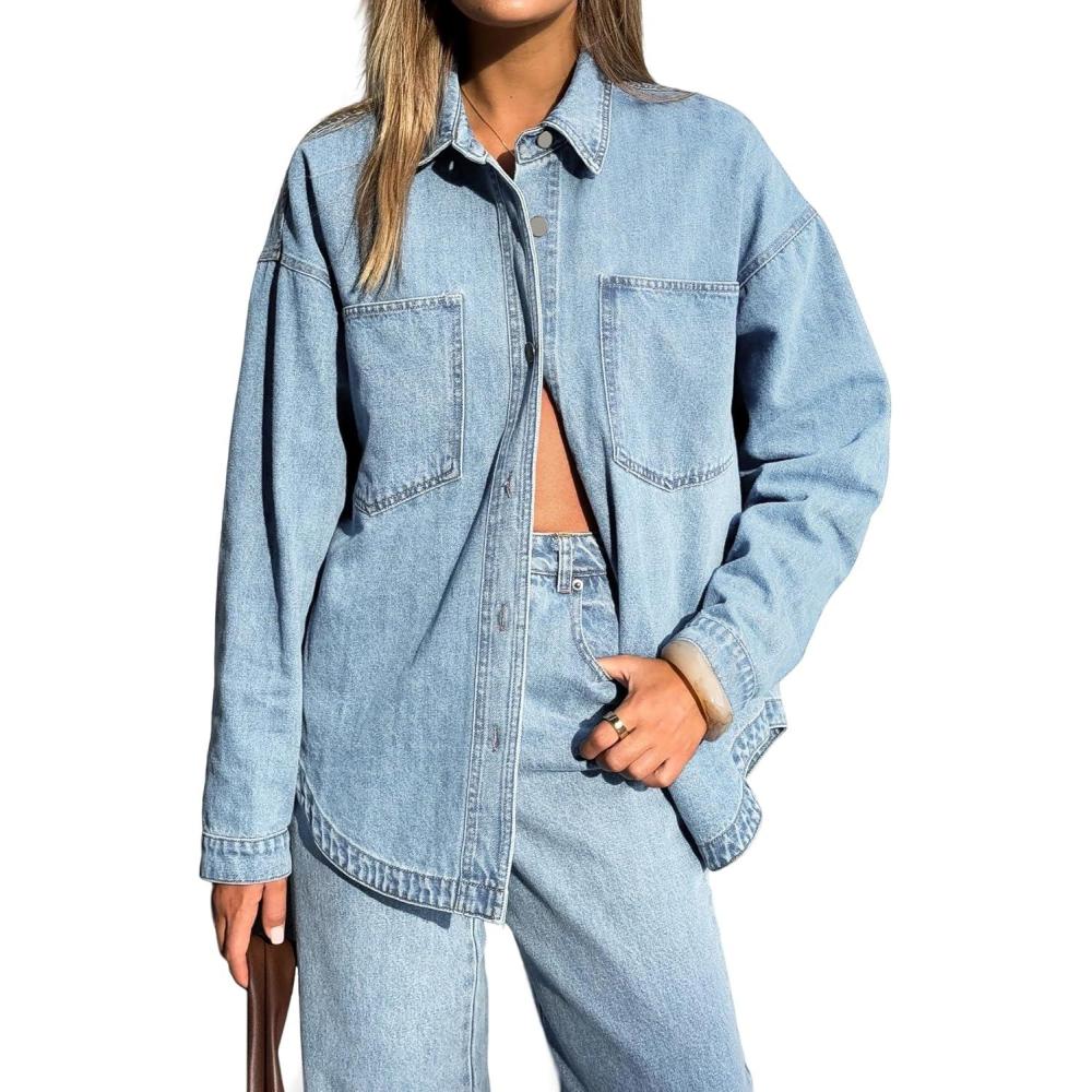 image:imageEMMIOL Women Denim Shirts Oversized Long Sleeve Button Down Blouse Distresse Jean Jacket Fall Outfits 2026Blue