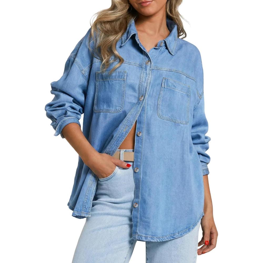 image:imageEMMIOL Women Denim Shirts Oversized Long Sleeve Button Down Blouse Distresse Jean Jacket Fall Outfits 2026Mid Bluethin