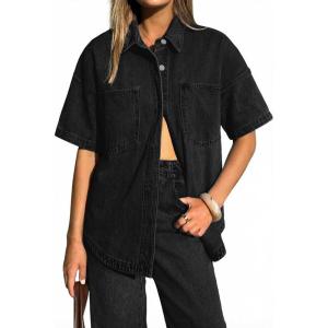 EMMIOL Button Down Shirts for Women – Short Sleeve Oversized Denim Shirts Business Casual Work Jean Tops Summer Clothes(Black)
