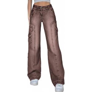 EMMIOL Cargo Pants Women Stretchy Wide Leg Baggy Jeans with Pockets Casual Trousers Y2K Vintage Streetwear Trendy 2026(Brown)