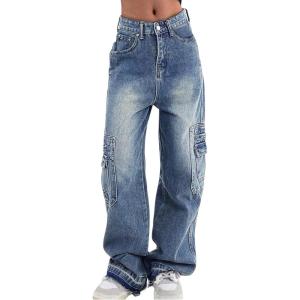 EMMIOL Cargo Pants Women Stretchy Wide Leg Baggy Jeans with Pockets Casual Trousers Y2K Vintage Streetwear Trendy 2026(Dark Blue01)