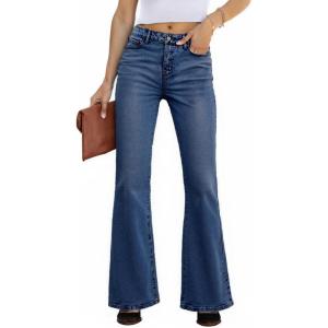 EMMIOL Flare Jeans for Women Trendy, Mid-High Waist Bootcut Bell Bottom Jeans, Stretchy Denim Y2K Pants with Pockets(B-dark Blue-mid Rise)