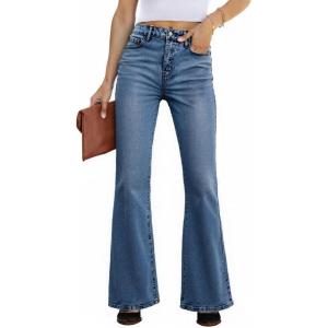 EMMIOL Flare Jeans for Women Trendy, Mid-High Waist Bootcut Bell Bottom Jeans, Stretchy Denim Y2K Pants with Pockets(B-mid Blue-high Rise)