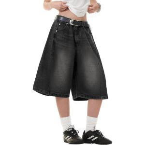 EMMIOL Jorts for Women Baggy Jeans Shorts Y2K Wide Leg Denim Barrel Shorts Grunge Streetwear(Black)