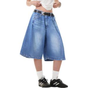 EMMIOL Jorts for Women Baggy Jeans Shorts Y2K Wide Leg Denim Barrel Shorts Grunge Streetwear(Mid Blue)